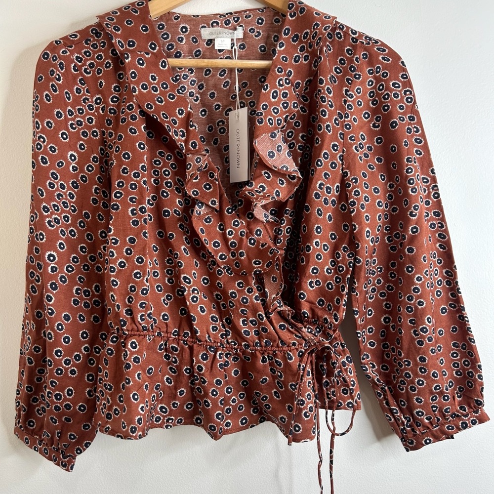 OUTERKNOWN Womens Brown Floral Print Ruffle Faux Wrap Peplum Top Sz S Pet Boho